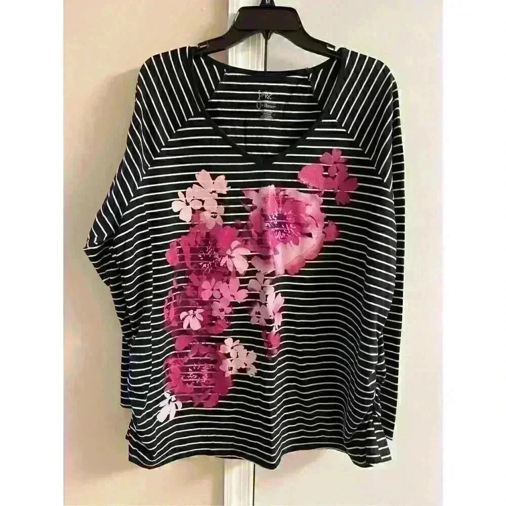 HANES JMS‎ by Hanes women’s striped floral long sleeve top, Sz 3X
